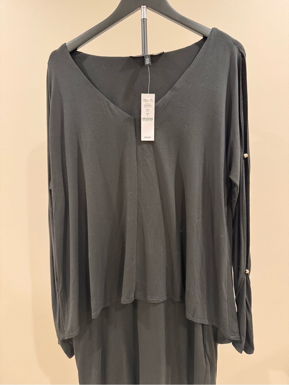 WHBM Relaxed V-Neck Black Women’s Tunic Top with Button-Trim Open Cut Sleeves